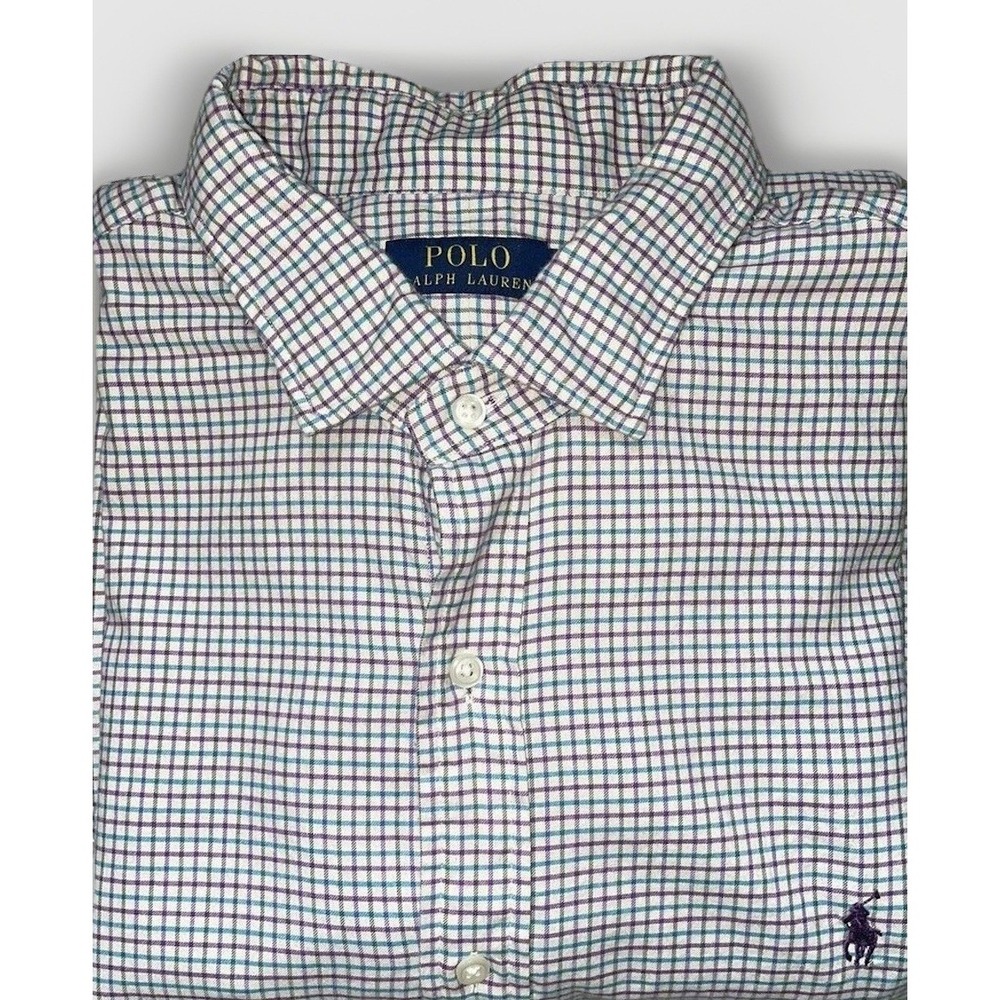 Polo Ralph Lauren Shirt Mens XXL White Purple Teal Tattersall Check Long Sleeve